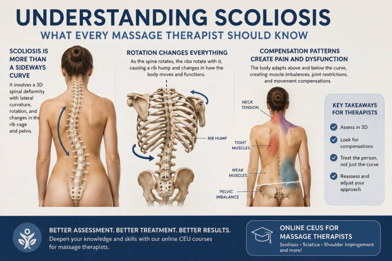 Scoliosis is not just a sideways curve educational infographic for massage therapists explaining spinal rotation, rib mechanics, and compensation patterns