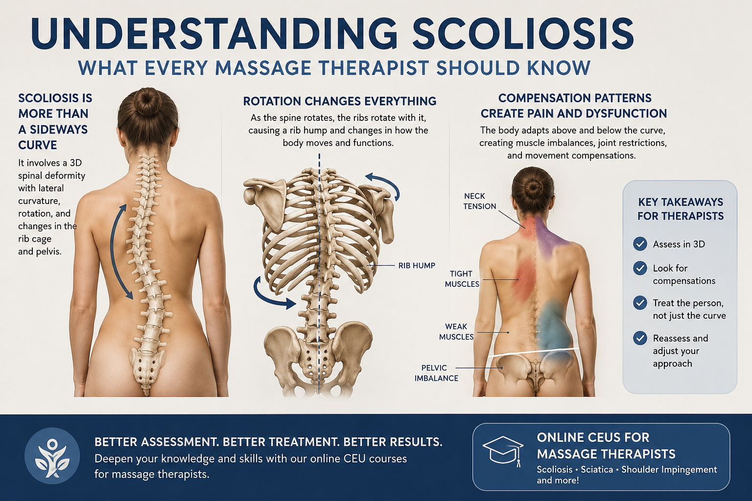 Scoliosis is not just a sideways curve educational infographic for massage therapists explaining spinal rotation, rib mechanics, and compensation patterns